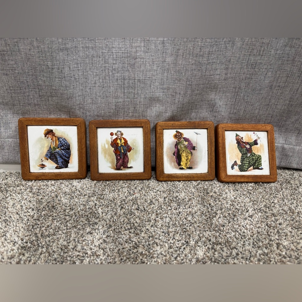 Set of Four Vintage Clown-Themed Ceramic Tile Coaster in Wooden Frames